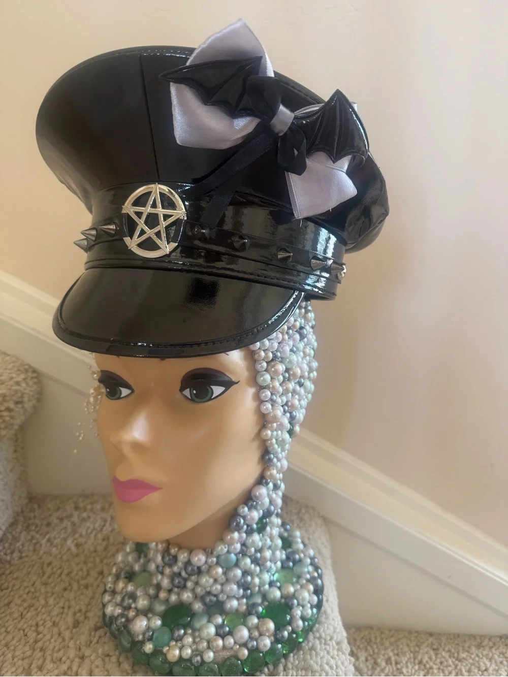 Black Patent Captain Hat with Silver Pentagram & Bat Bow